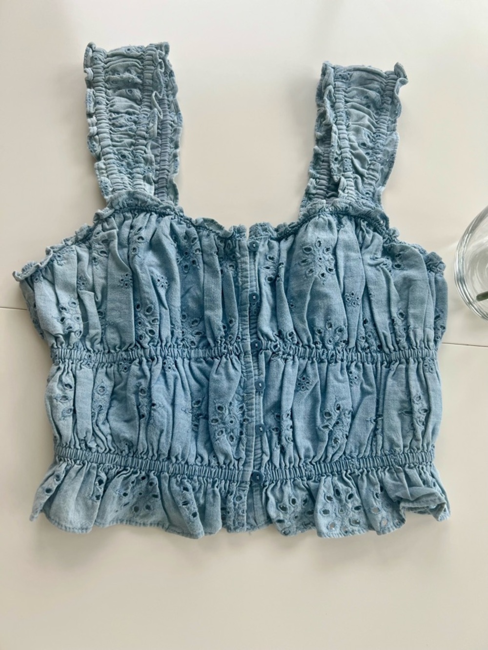 100% Cotton Denim Blue Eyelet Ruffled Crop Top Medium NWT